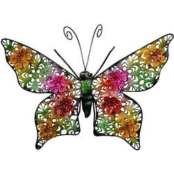 Foto van Grote metalen vlinder gekleurd 30 x 22 cm tuin decoratie - tuinbeelden