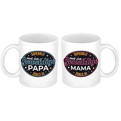 Foto van Superblij met een mama en papa mok - cadeau beker set voor papa en mama - feest mokken