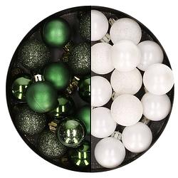 Foto van 28x stuks kleine kunststof kerstballen wit en dennengroen 3 cm - kerstbal