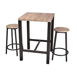 Foto van Gebor - bar set - tafel met 2 krukken - bar tafel - hoge tafel - bar set - staal - houtlook - industrieel -