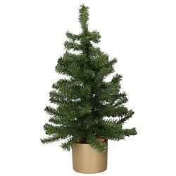Foto van Kunst kerstboom/kunstboom groen 60 cm met gouden pot - kunstkerstboom