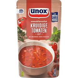 Foto van 2 zakken soep a 570 ml, pakken cupasoup a 3 stuks of single verpakkingen noodles of pasta | unox smaakfavoriet soep in zak kruidige tomaten 570ml aanbieding bij jumbo