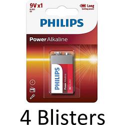 Foto van 4 stuks (4 blisters a 1 st) philips power alkaline batterij 9v