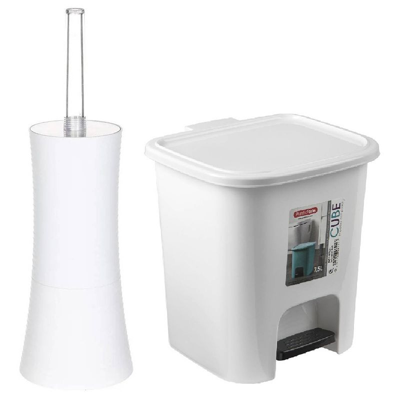 Foto van Badkamer/toilet accessoires - wc-borstel en pedaalemmer 7.5l - kunststof - wit - toiletaccessoireset