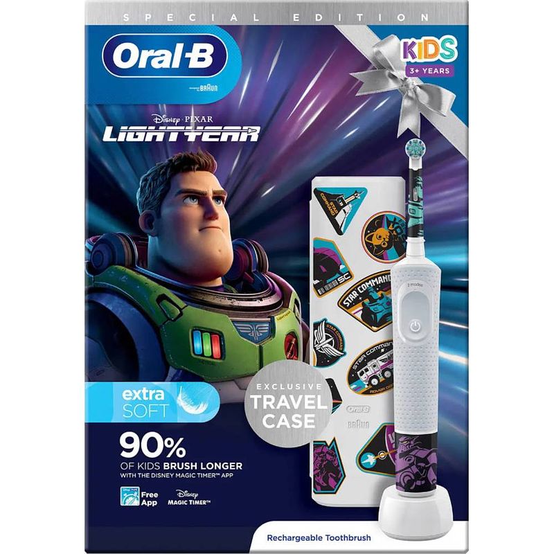 Foto van Oral-b vitality d100.413 kids lightyear d100.413.2k elektrische kindertandenborstel roterend / oscillerend wit, violet