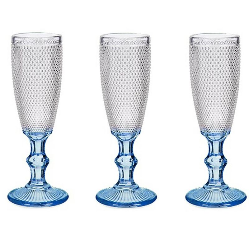 Foto van Luxe monaco serie champagneglazen set 6x stuks op blauwe voet 180 ml - champagneglazen