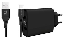 Foto van Xtrememac quick charge oplader met 2 usb a poorten 18w + usb  c kabel 1m kunststof zwart