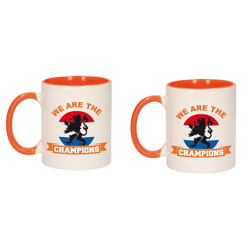 Foto van 2x stuks we are the champions mok/ beker oranje wit 300 ml - feest mokken