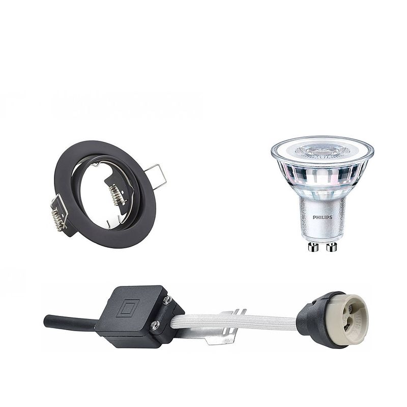 Foto van Led spot set - gu10 fitting - inbouw rond - mat zwart - kantelbaar ø83mm - philips - corepro 827 36d - 4.6w - warm wit