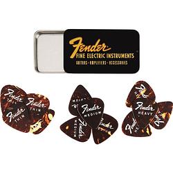 Foto van Fender fine electric pick tin plectrumdoosje met 12 tortoiseshell celluloid 351 plectra