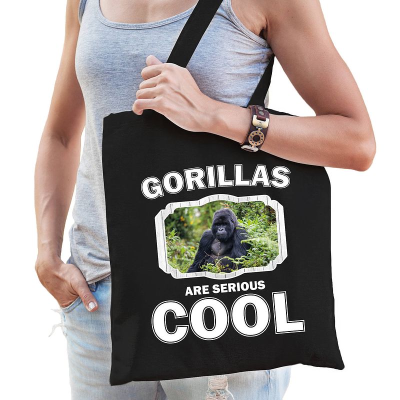 Foto van Katoenen tasje gorillas are serious cool zwart - gorilla apen/ gorilla cadeau tas - feest boodschappentassen