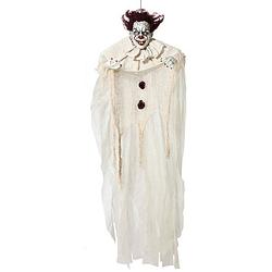Foto van Halloween/horror thema hang decoratie horror clown - enge/griezelige pop - 130 cm - feestdecoratievoorwerp