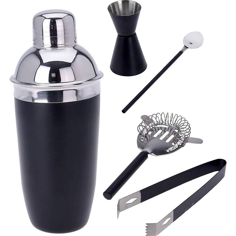 Foto van Excellent houseware cocktailshakerset - rvs - 5 delig - mat zwart