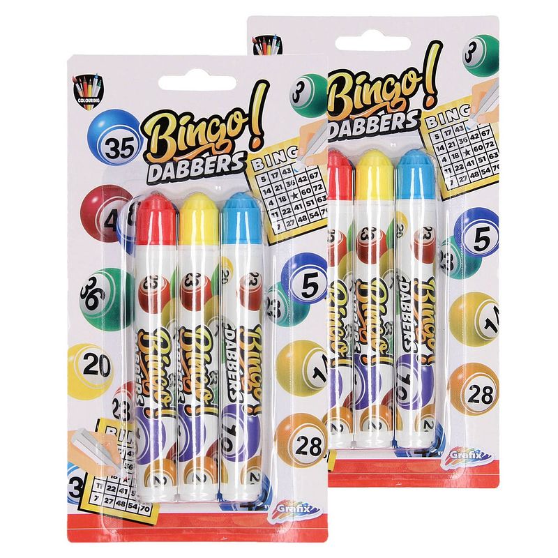 Foto van 6x bingo stiften/markers blauw/geel/rood - actiespellen