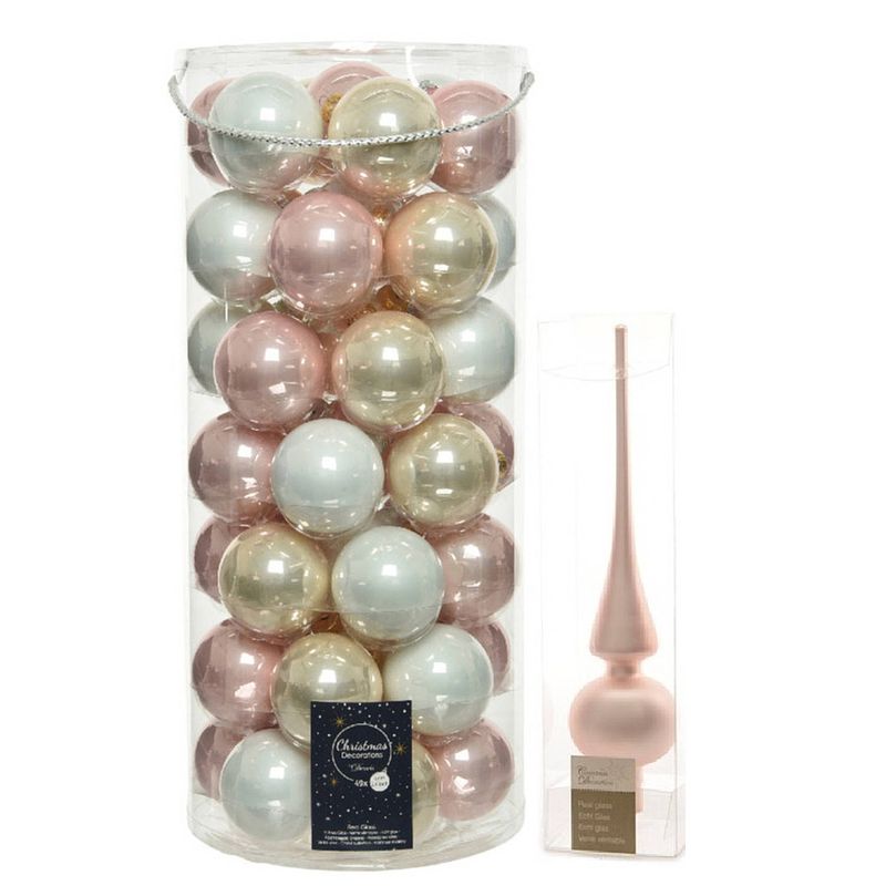 Foto van 49x stuks glazen kerstballen lichtroze/parel/wit 6 cm inclusief lichtroze piek - kerstbal