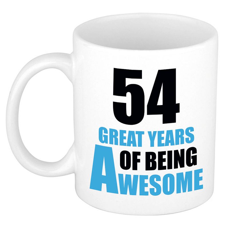 Foto van 54 great years of being awesome cadeau mok / beker wit en blauw - feest mokken