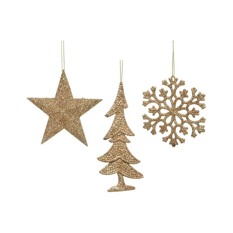 Foto van Kerst figuren plastic 3ass star- snowflake- tree camel bruin l0.80-w10.50-h10.50cm