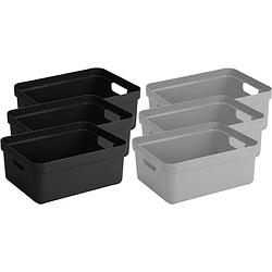 Foto van Set van 6x stuks opbergboxen/opbergmanden 24 liter kunststof zwart en grijs - opbergbox