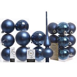 Foto van Kerstversiering kunststof kerstballen met piek donkerblauw 6-8-10 cm pakket van 45x stuks - kerstbal