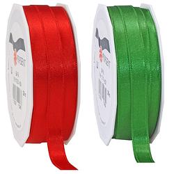Foto van 2x rollen satijn sierlint/cadeaulint - groen en rood - 1 cm x 25m p/rol - cadeaulinten