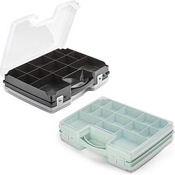 Foto van Forte plastics - 2x opberg vakjes doos/sorteerbox - 21-vaks kunststof - 28 x 21 x 6 cm - zwart/groen - opbergbox