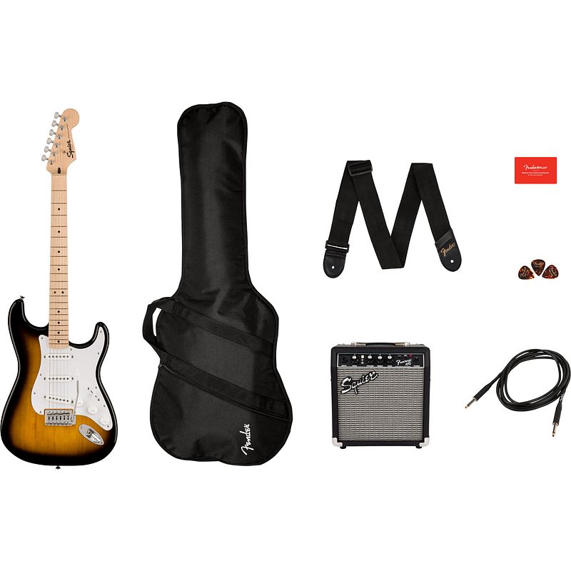 Foto van Squier sonic stratocaster pack mn 2-color sunburst elektrische gitaar starterset