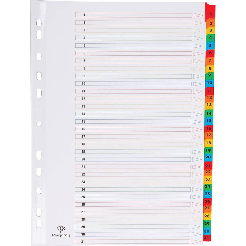 Foto van Pergamy tabbladen met indexblad, ft a4, 11-gaatsperforatie, geassorteerde kleuren, set 1-31 10 stuks