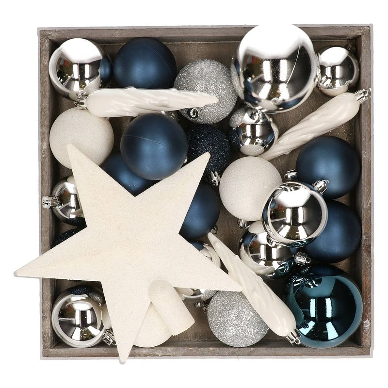 Foto van Kunststof kerstballen - 45x stuks - met ster piek - blauw,wit,zilver - kerstbal