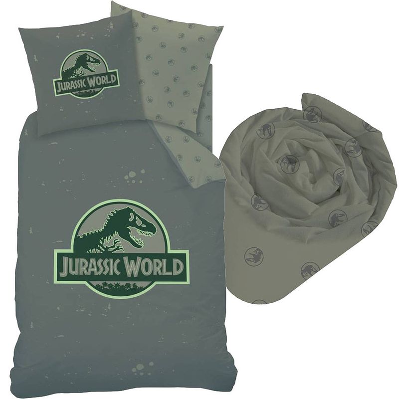 Foto van Jurassic world logo - dekbedovertrek - eenpersoons - 140 x 200 cm - multi - inclusief hoeslaken