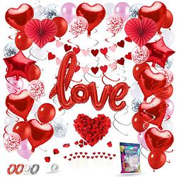 Foto van Fissaly® 89 stuks liefde & hartjes decoratie set helium & papieren confetti ballonnen en lint - i love you - rood