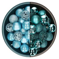Foto van Decoris kerstballen - 74x st - turquoise blauw en ijsblauw - 6 cm - kunststof - kerstbal