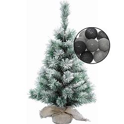 Foto van Mini kerstboom besneeuwd met verlichting - in jute zak - h60 cm - zwart/grijs - kunstkerstboom