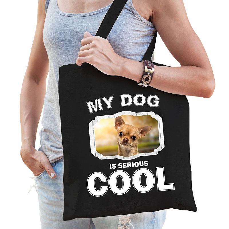 Foto van Katoenen tasje my dog is serious cool zwart - chihuahua honden cadeau tas - feest boodschappentassen