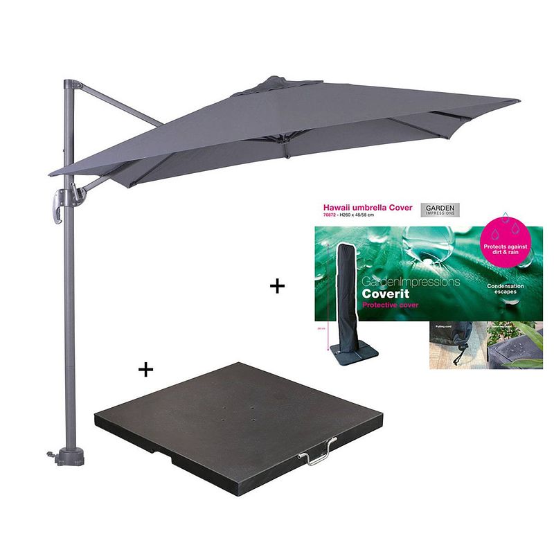 Foto van Garden impressions hawaii zweefparasol s 250x250 - donker grijs met 60 kg parasolvoet en parasolhoes