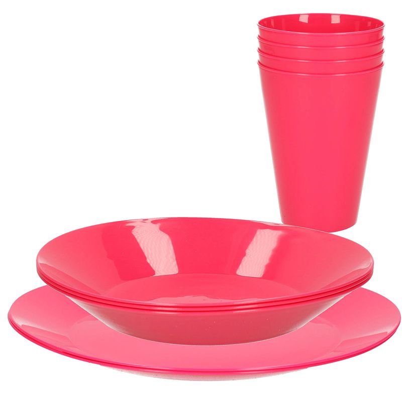 Foto van 9-delig ontbijt/diner set van hard kunststof roze - drinkbekers