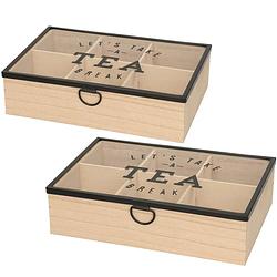 Foto van 2x stuks houten theedoos bruin tea break 6-vaks 25 cm - theedozen