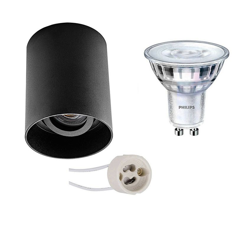 Foto van Opbouwspot set - pragmi luxina pro - gu10 fitting - opbouw rond - mat zwart - verdiept - kantelbaar - ø90mm - philips -