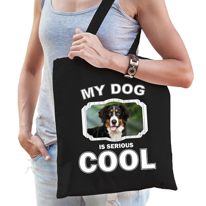 Foto van Katoenen tasje my dog is serious cool zwart - berner sennen honden cadeau tas - feest boodschappentassen