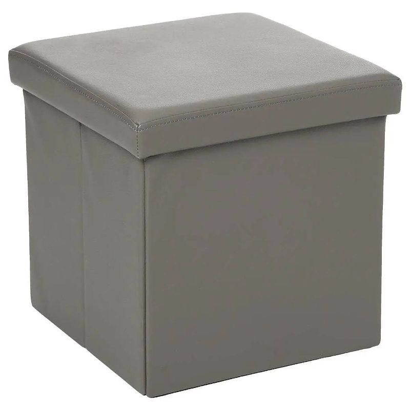 Foto van Atmosphera poef/hocker/voetenbankje - opbergbox - grijs - pvc/mdf - 38 x 38 cm - poefs