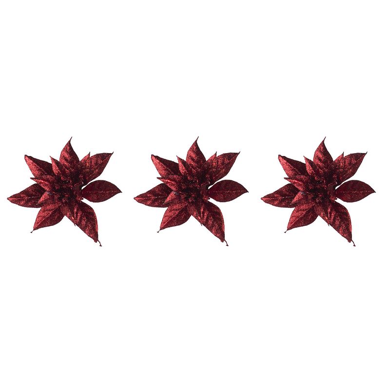 Foto van 3x stuks decoratie bloemen kerstster rood glitter op clip 15 cm - kersthangers