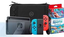 Foto van Nintendo switch rood/blauw + nintendo switch sports + screenprotector + beschermhoes