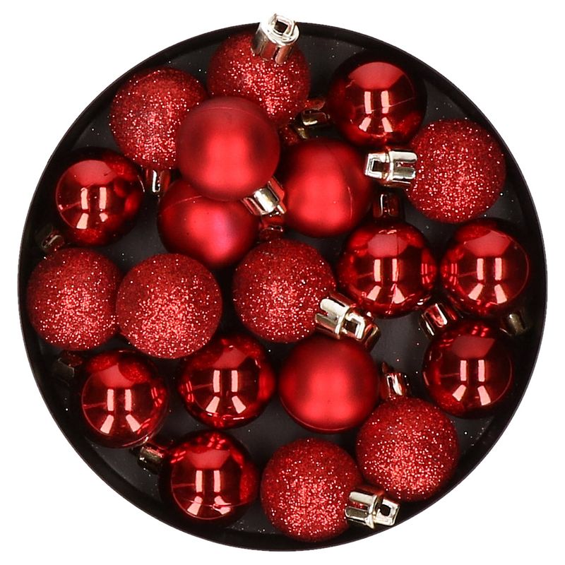 Foto van 20x stuks kleine kunststof kerstballen rood 3 cm mat/glans/glitter - kerstbal