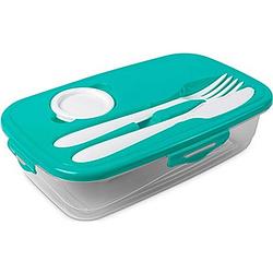 Foto van 1x voedsel plastic bewaarbakje 1 liter transparant/turquoise met bestek en dressingbakje - lunchboxen
