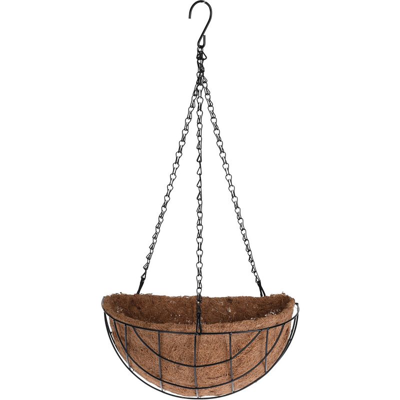 Foto van Metalen hanging basket / plantenbak halfrond zwart met ketting 26 cm - hangende bloemen - plantenbakken