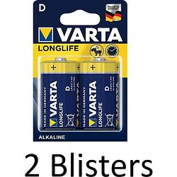 Foto van 4 stuks (2 blisters a 2 st) varta longlife alkaline d batterijen