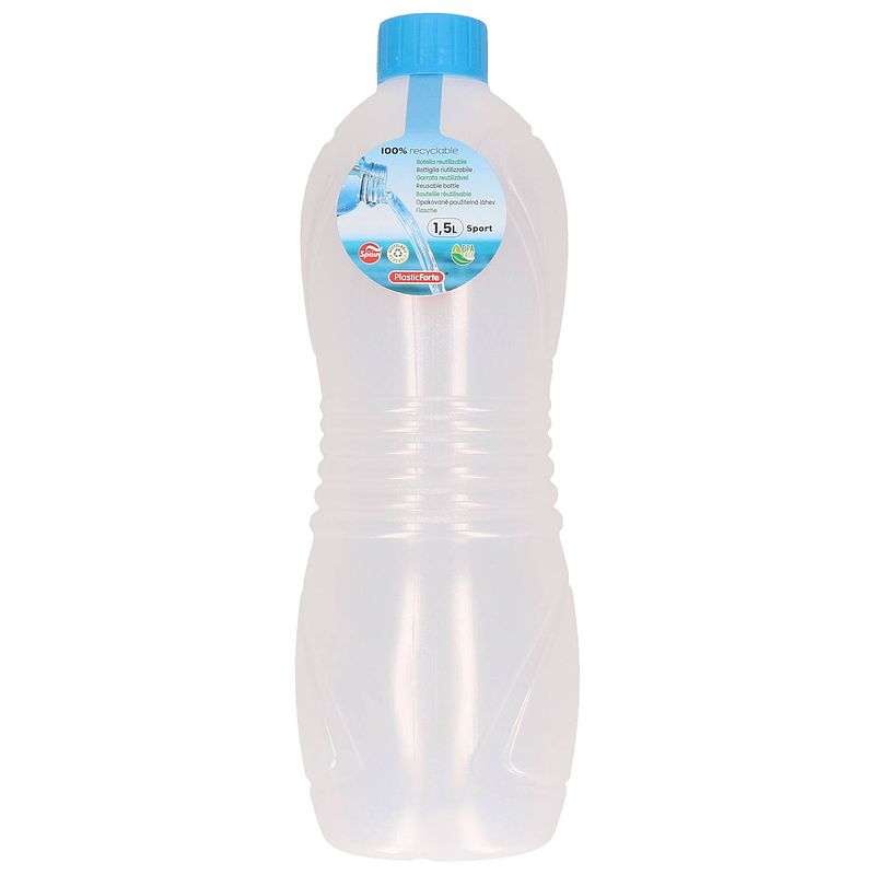 Foto van Plasticforte drinkfles/waterfles/bidon - 1500 ml - transparant/blauw - kunststof - drinkflessen