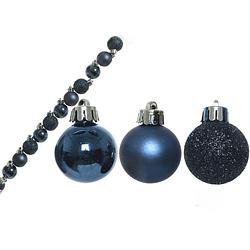 Foto van 14x stuks kunststof kerstballen donkerblauw 3 cm glans/mat/glitter - kerstbal
