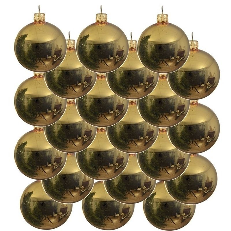 Foto van 18x glazen kerstballen glans goud 8 cm kerstboom versiering/decoratie - kerstbal