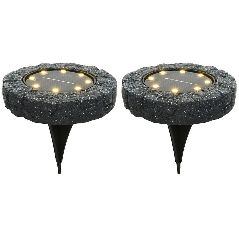 Foto van Lumineo solar grond prikspot/tuinspot - 2x - kunststeen - steengrijs - 11 x 2 cm - prikspotjes