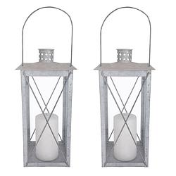 Foto van Set van 2x stuks zilveren tuin lantaarn/windlicht van zink 17,2 x 17,2 x 36,5 cm - lantaarns